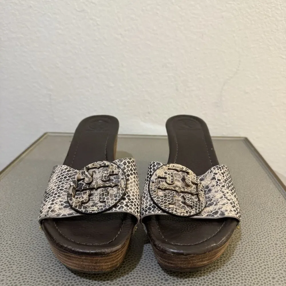 Tory Burch Patti Snakeskin Leather Platform Wedge Slide Sandals Size 8.5 M
